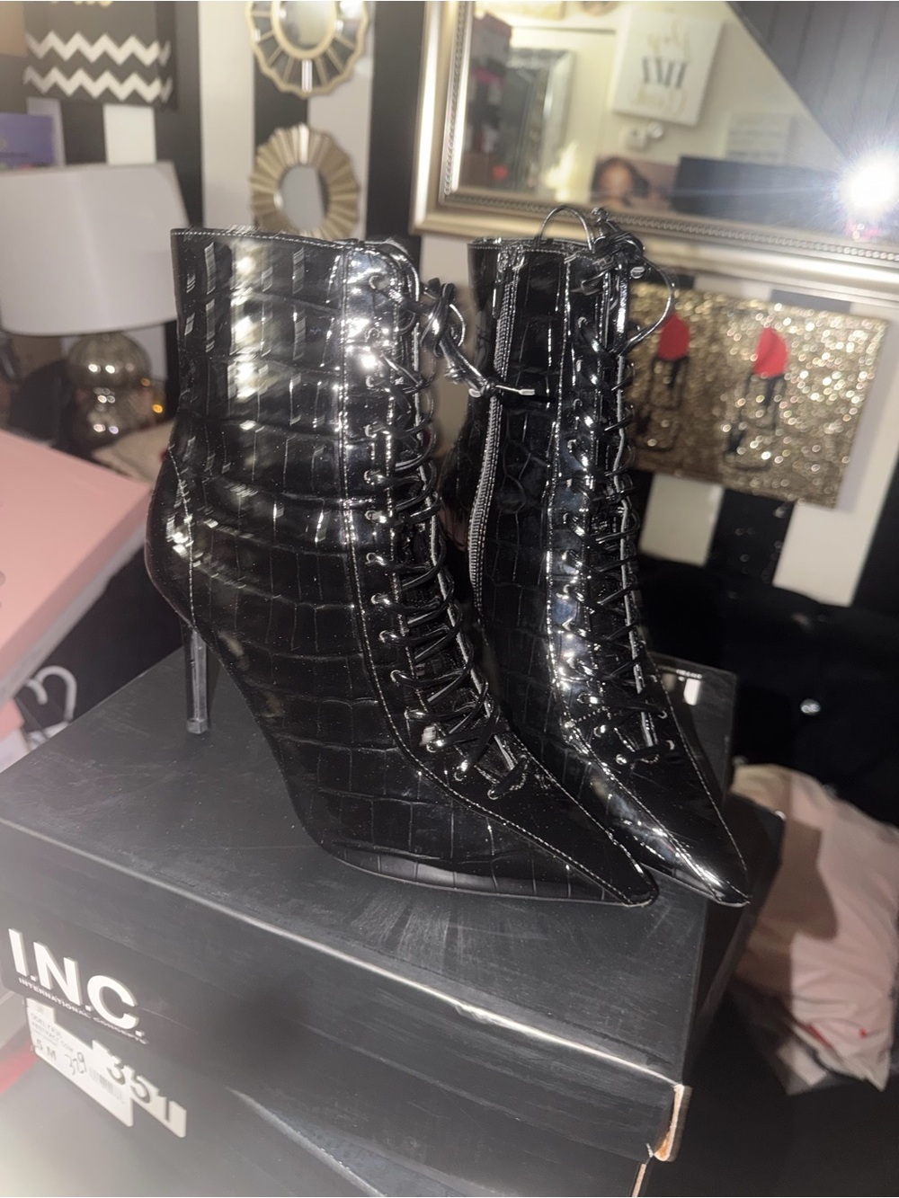 INC International Concepts Black Patent Croc Lace-Up Pointed Ankle Boots